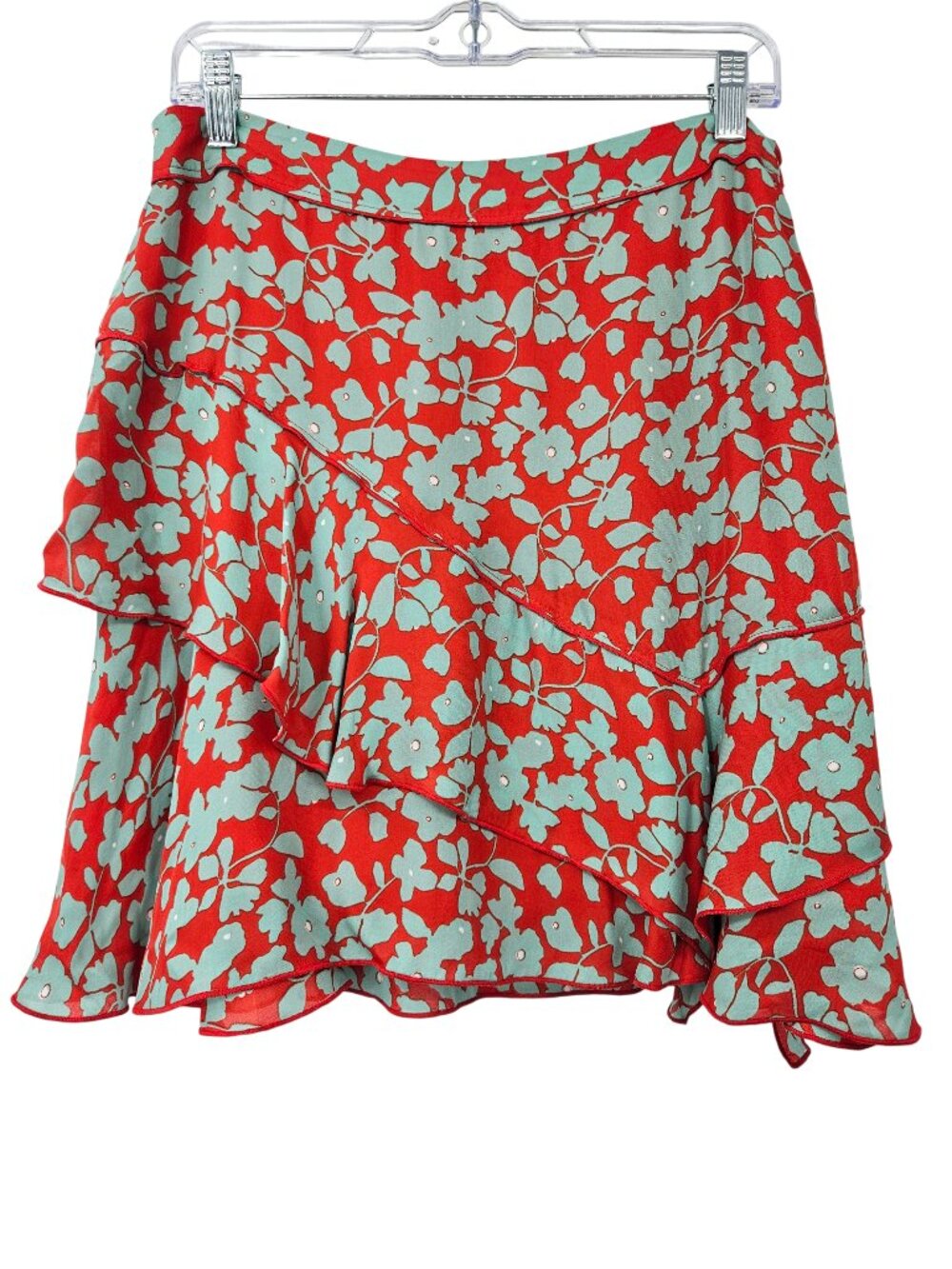 Derek Lam 10 Crosby Silk Floral Tiered Mini Skirt Red Blue Women's Size 8 Ruffle